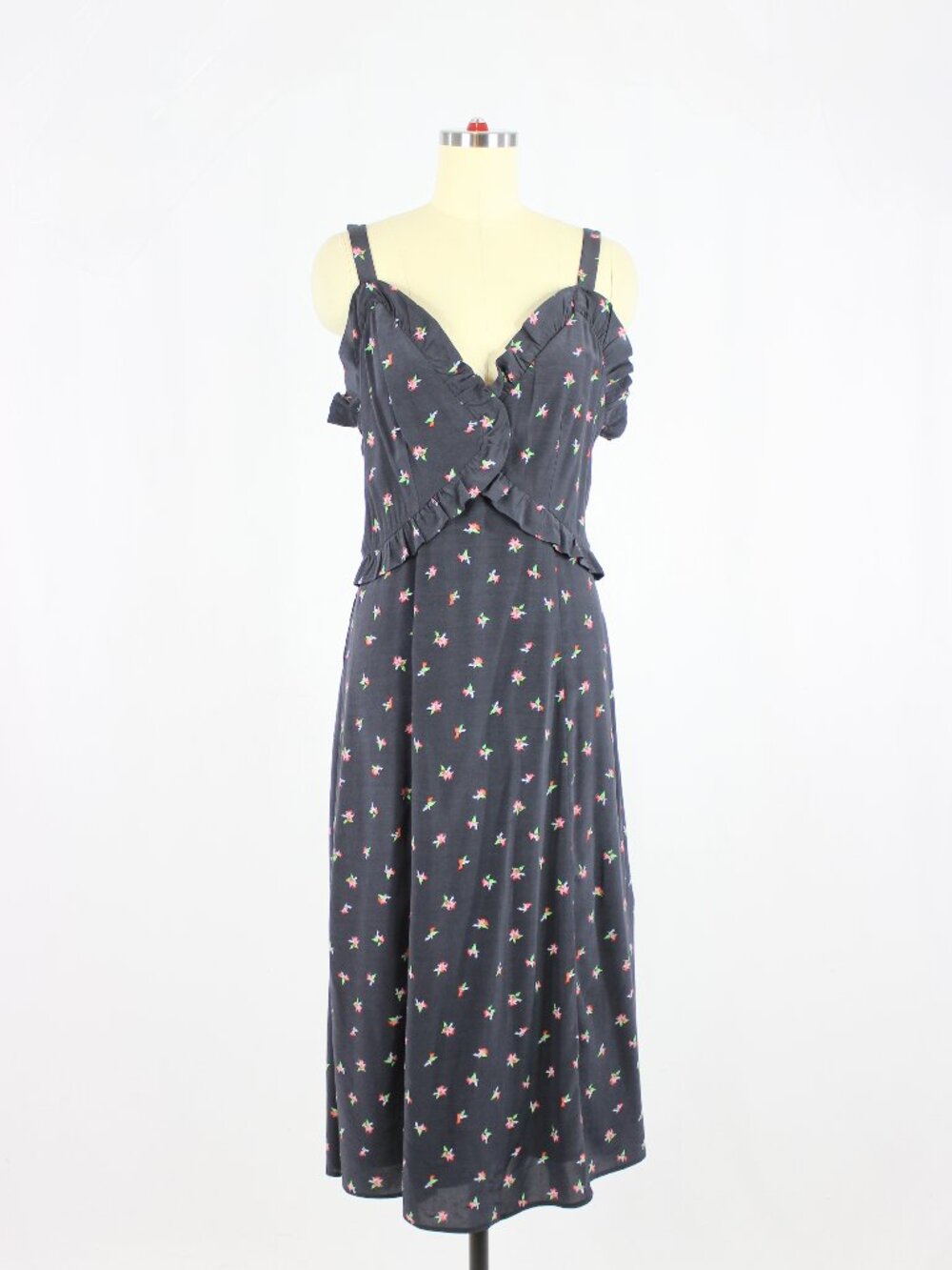 & OTHER STORIES Black Ditsy Viscose Twill Ruffle Trim A-Line Midi Dress, Size 10